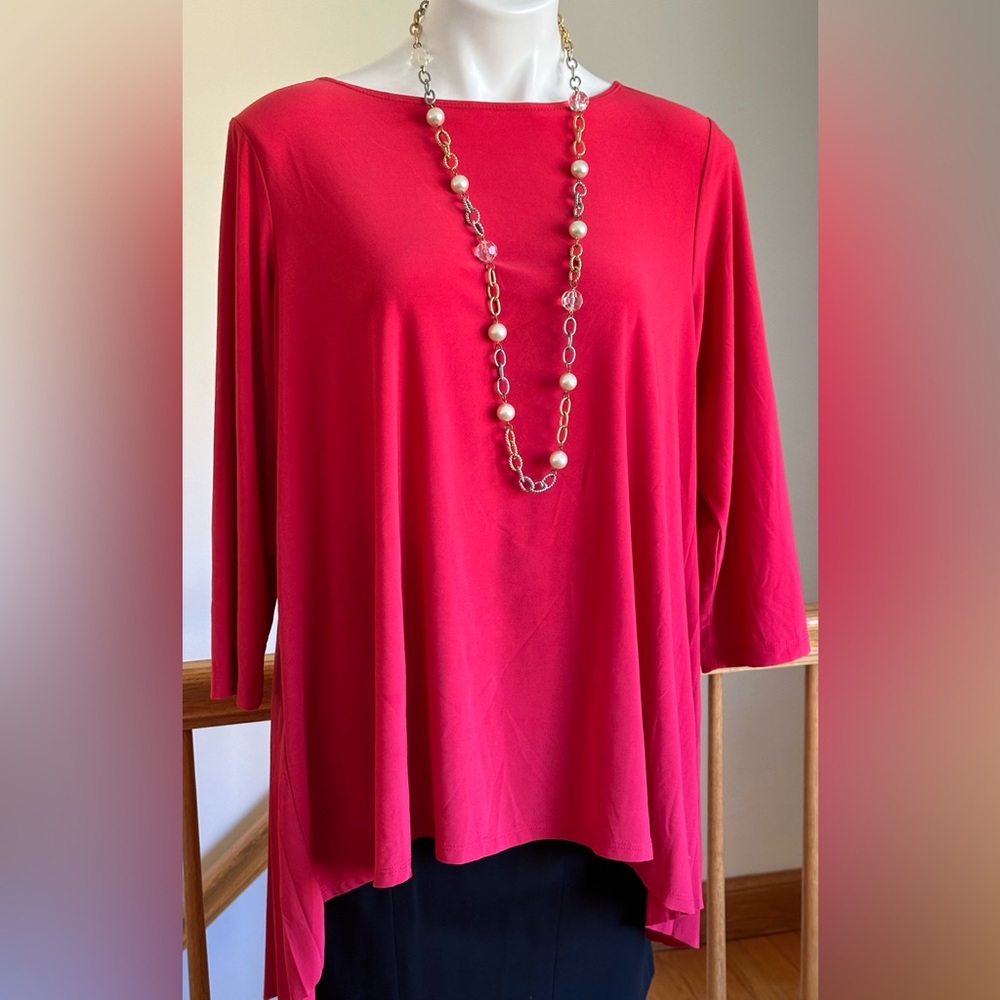 Attitudes By Renee Red/Pink Long Asymmetrical Pleated In Back  3/4 Sleeves Sz L.